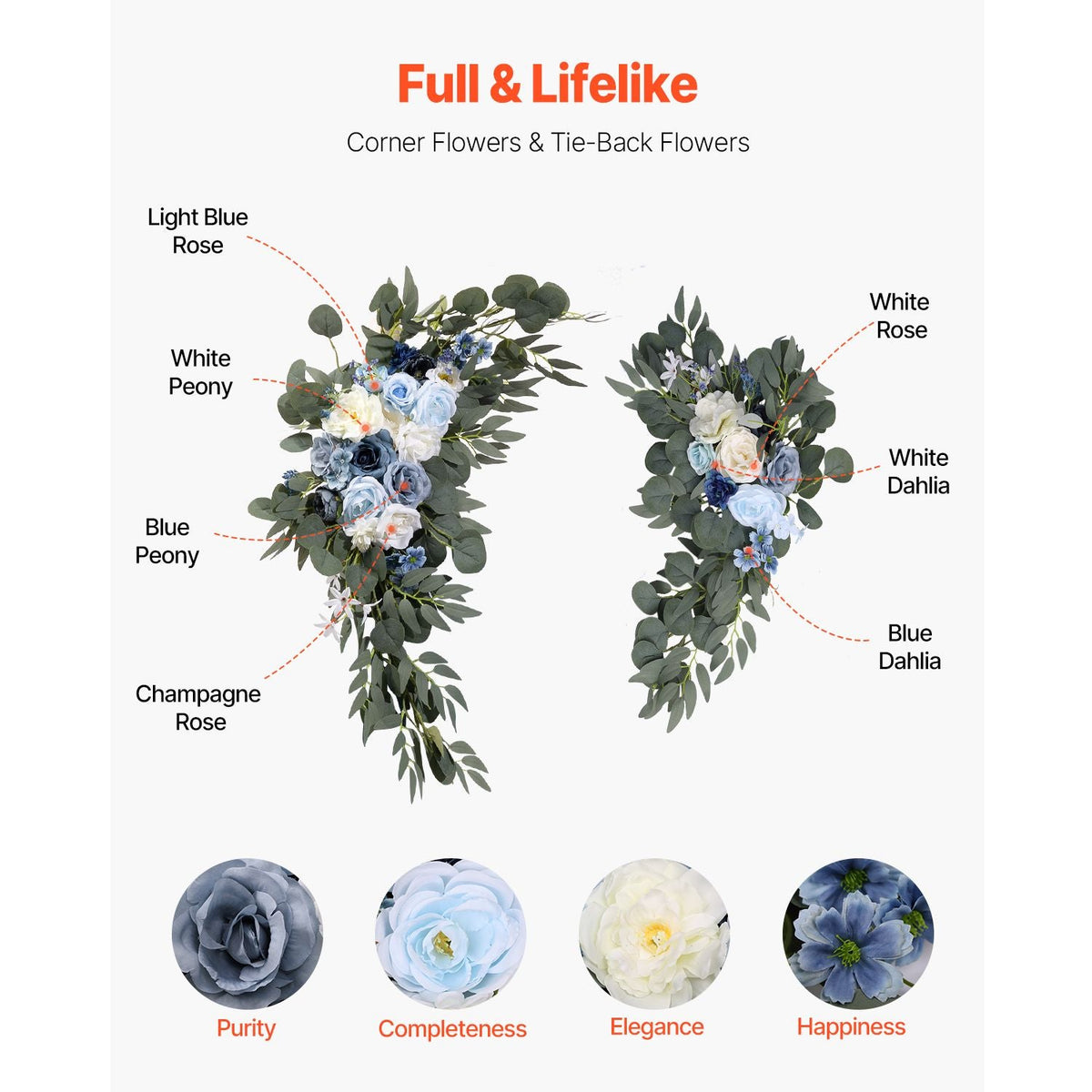 Artificial Wedding Arch Flowers Kit, Blue Wedding Arch Flowers with Drapes Kit (Pack of 4) - 2 Pcs Floral Arrangement, 2 Pcs Sheer Drapes, for Ceremony Bouquets Reception Backdrop Decoration