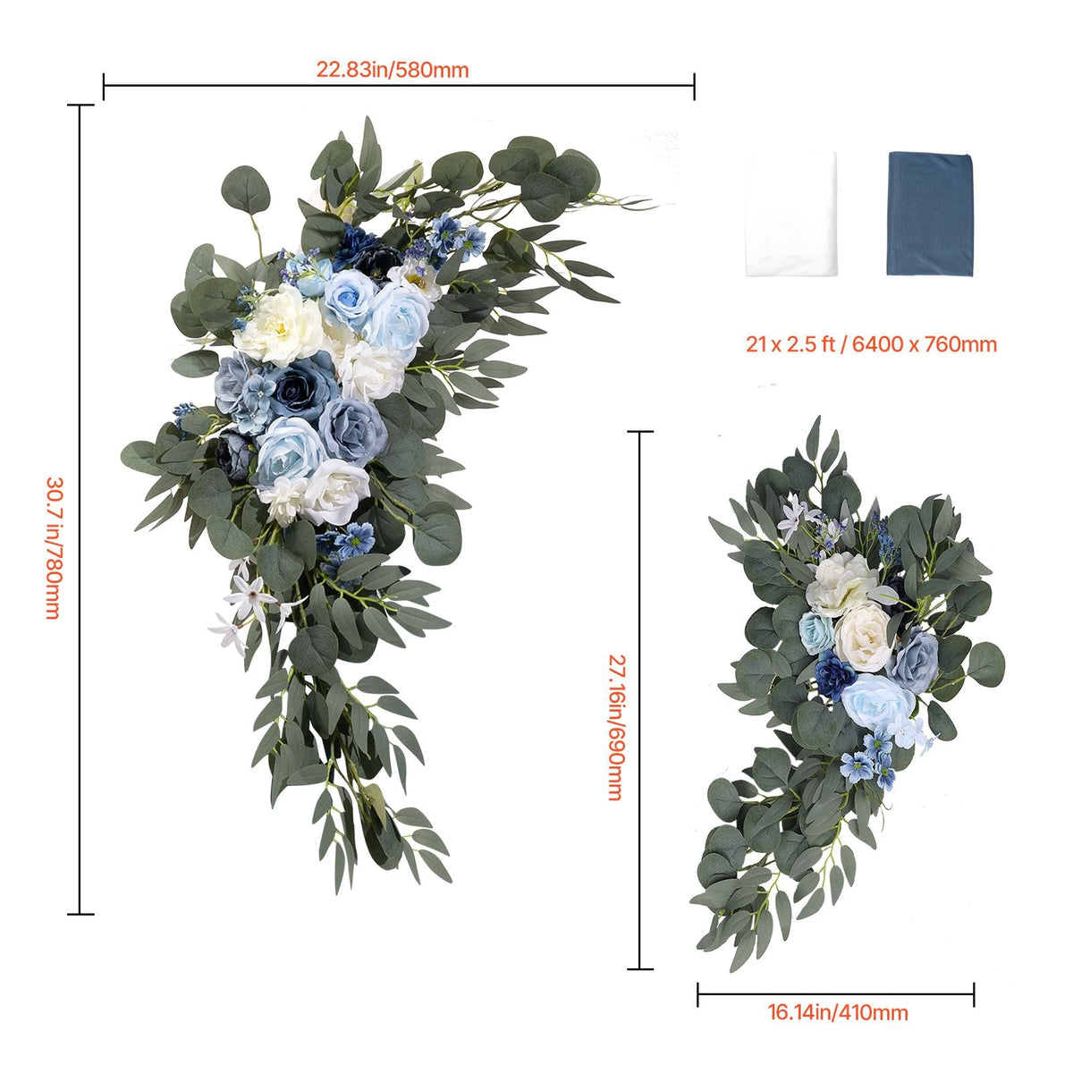 Artificial Wedding Arch Flowers Kit, Blue Wedding Arch Flowers with Drapes Kit (Pack of 4) - 2 Pcs Floral Arrangement, 2 Pcs Sheer Drapes, for Ceremony Bouquets Reception Backdrop Decoration