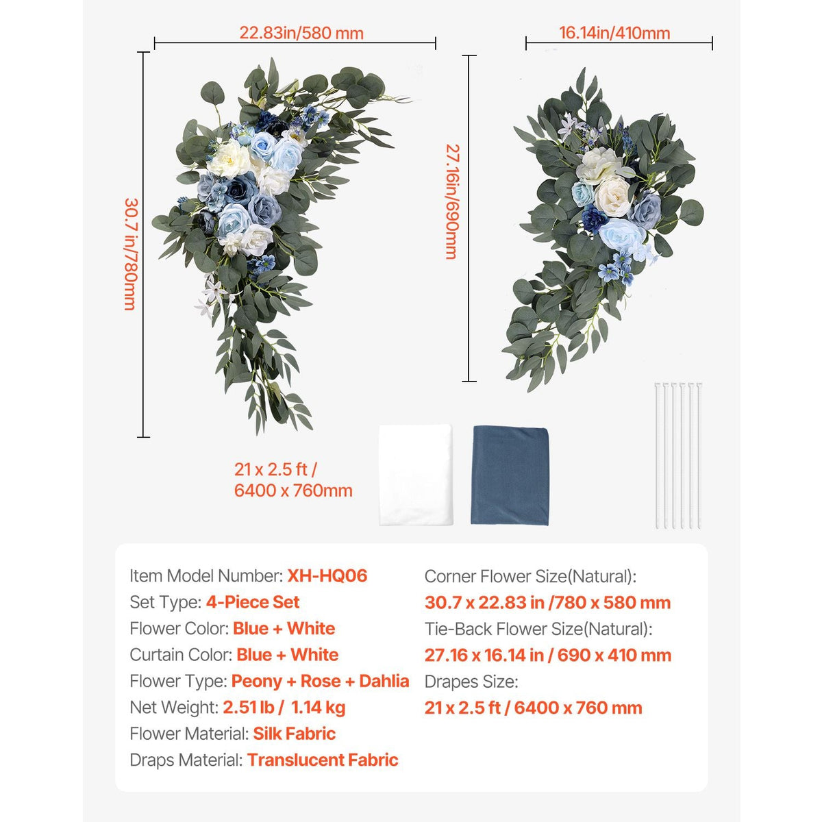 Artificial Wedding Arch Flowers Kit, Blue Wedding Arch Flowers with Drapes Kit (Pack of 4) - 2 Pcs Floral Arrangement, 2 Pcs Sheer Drapes, for Ceremony Bouquets Reception Backdrop Decoration