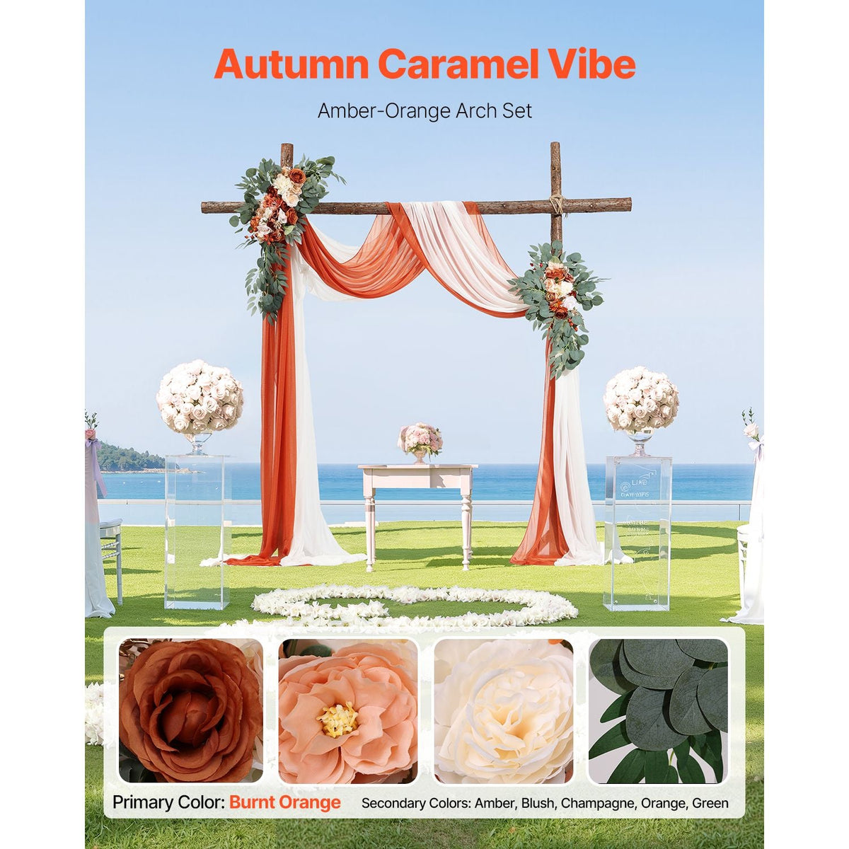 Artificial Wedding Arch Flowers Kit, Orange Wedding Arch Flowers with Drapes Kit (Pack of 4) - 2 Pcs Floral Arrangement, 2 Pcs Sheer Drapes, for Ceremony Bouquets Reception Backdrop Decoration