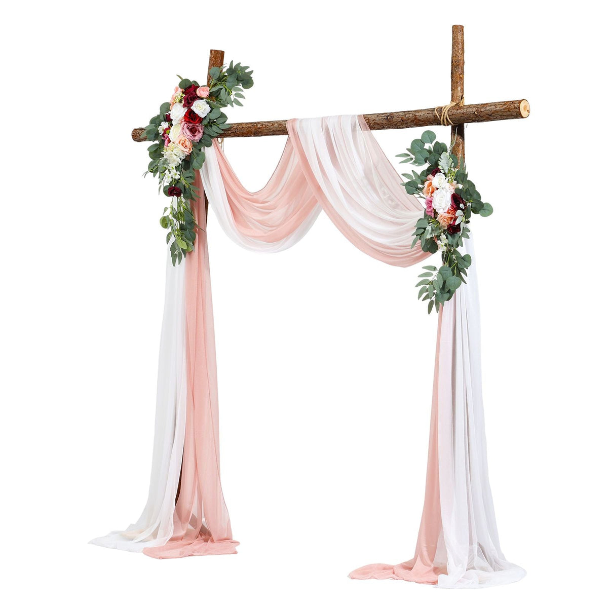 Artificial Wedding Arch Flowers Kit, Pink Wedding Arch Flowers with Drapes Kit (Pack of 4) - 2 Pcs Floral Arrangement, 2 Pcs Sheer Drapes, for Ceremony Bouquets Reception Backdrop Decoration