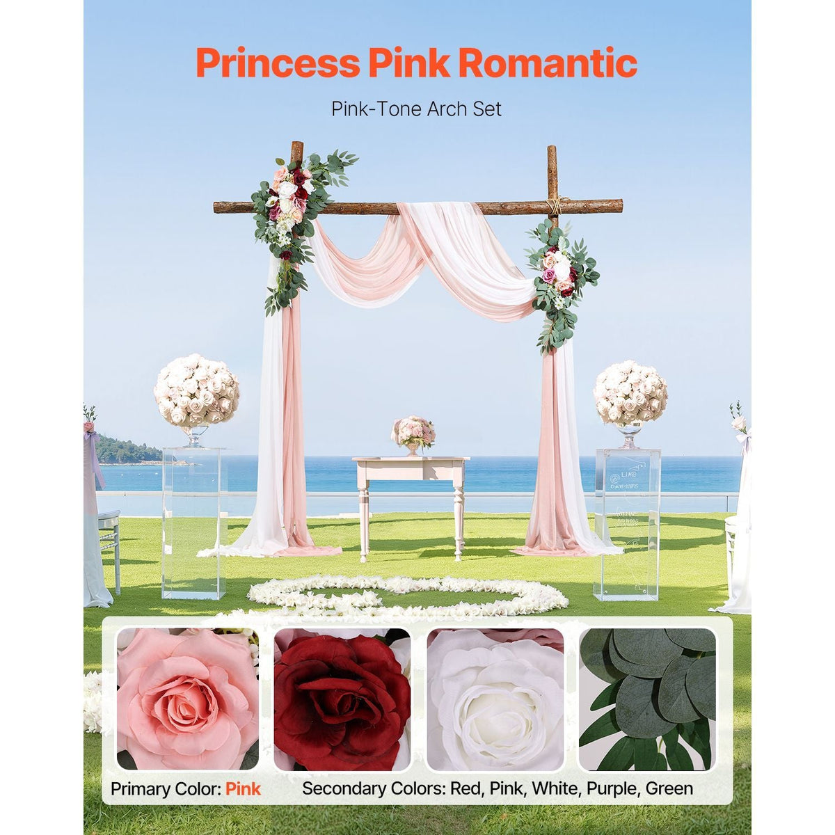 Artificial Wedding Arch Flowers Kit, Pink Wedding Arch Flowers with Drapes Kit (Pack of 4) - 2 Pcs Floral Arrangement, 2 Pcs Sheer Drapes, for Ceremony Bouquets Reception Backdrop Decoration