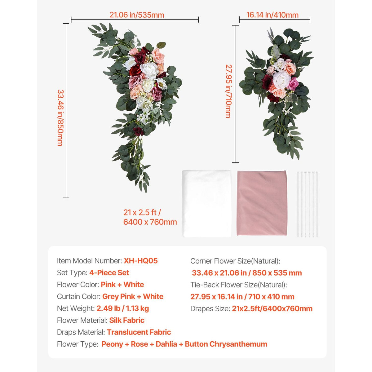 Artificial Wedding Arch Flowers Kit, Pink Wedding Arch Flowers with Drapes Kit (Pack of 4) - 2 Pcs Floral Arrangement, 2 Pcs Sheer Drapes, for Ceremony Bouquets Reception Backdrop Decoration