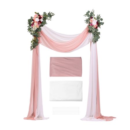 Artificial Wedding Arch Flowers Kit, Pink Wedding Arch Flowers with Drapes Kit (Pack of 4) - 2 Pcs Floral Arrangement, 2 Pcs Sheer Drapes, for Ceremony Bouquets Reception Backdrop Decoration
