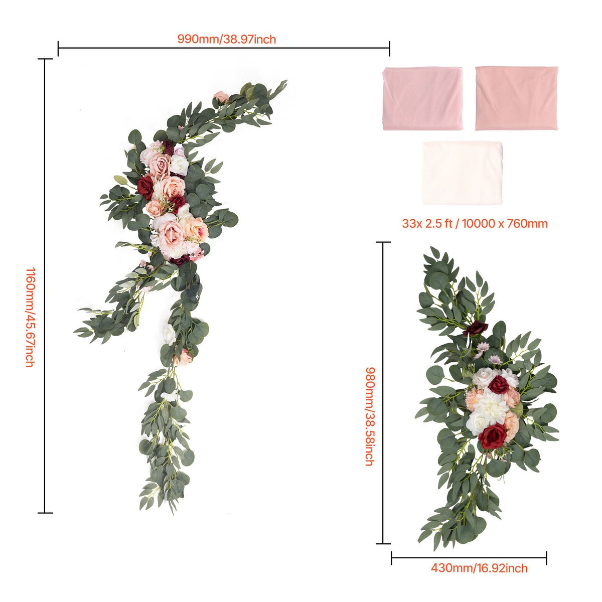 Artificial Wedding Arch Flowers Kit, Pink Wedding Arch Flowers with Drapes Kit (Pack of 5) - 2 Pcs Floral Arrangement, 3 Pcs Sheer Drapes, for Ceremony Bouquets Reception Backdrop Decoration