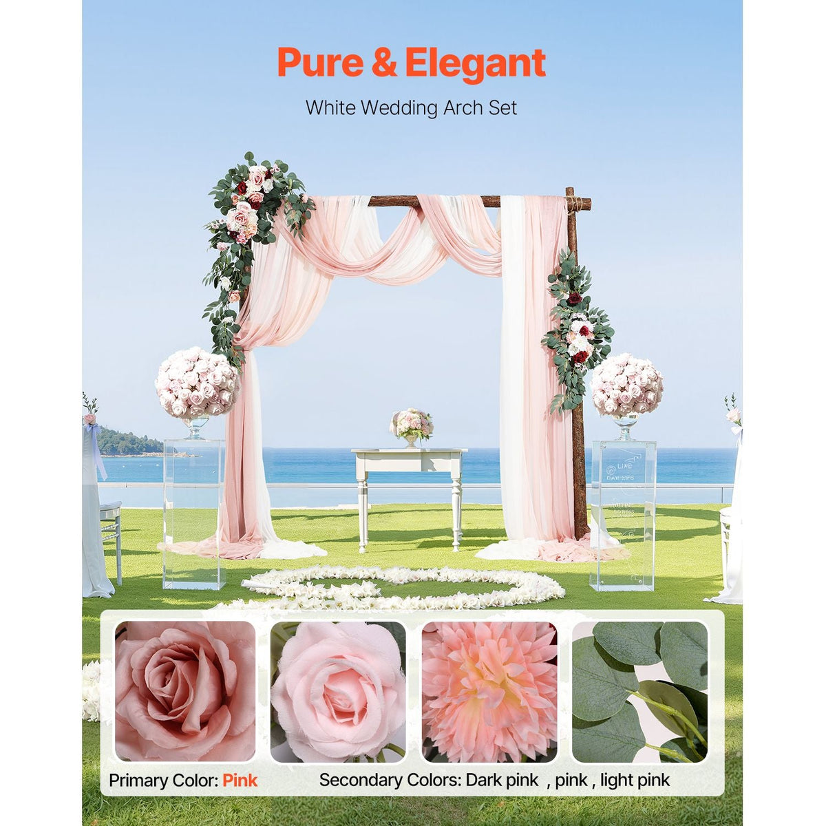 Artificial Wedding Arch Flowers Kit, Pink Wedding Arch Flowers with Drapes Kit (Pack of 5) - 2 Pcs Floral Arrangement, 3 Pcs Sheer Drapes, for Ceremony Bouquets Reception Backdrop Decoration