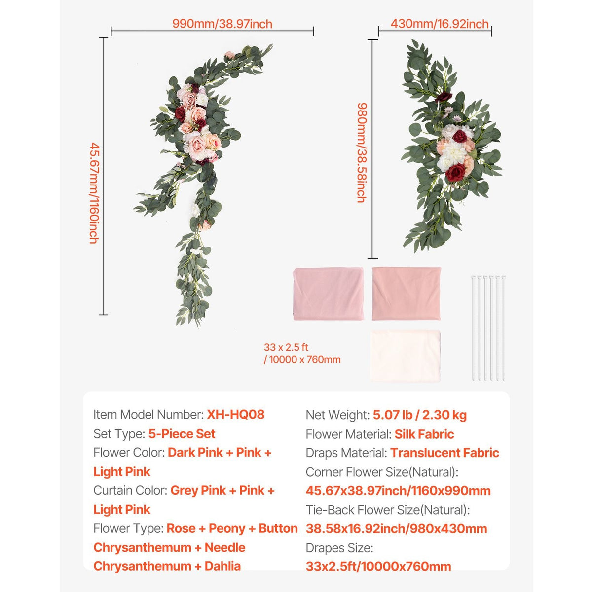 Artificial Wedding Arch Flowers Kit, Pink Wedding Arch Flowers with Drapes Kit (Pack of 5) - 2 Pcs Floral Arrangement, 3 Pcs Sheer Drapes, for Ceremony Bouquets Reception Backdrop Decoration
