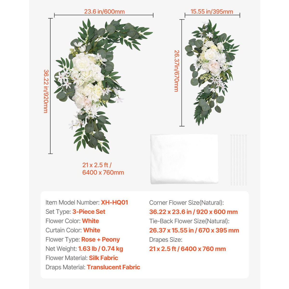 Artificial Wedding Arch Flowers Kit, White Wedding Arch Flowers with Drapes Kit (Pack of 3) - 2 Pcs Floral Arrangement, 1 Pcs Sheer Drapes, for Ceremony Bouquets Reception Backdrop Decoration