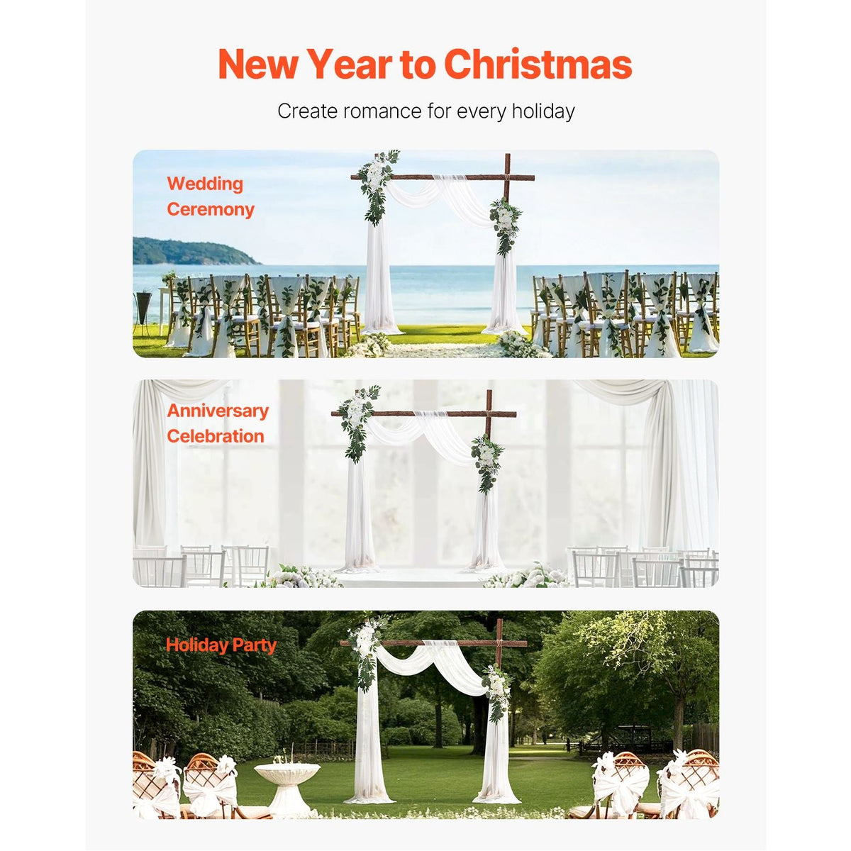Artificial Wedding Arch Flowers Kit, White Wedding Arch Flowers with Drapes Kit (Pack of 3) - 2 Pcs Floral Arrangement, 1 Pcs Sheer Drapes, for Ceremony Bouquets Reception Backdrop Decoration