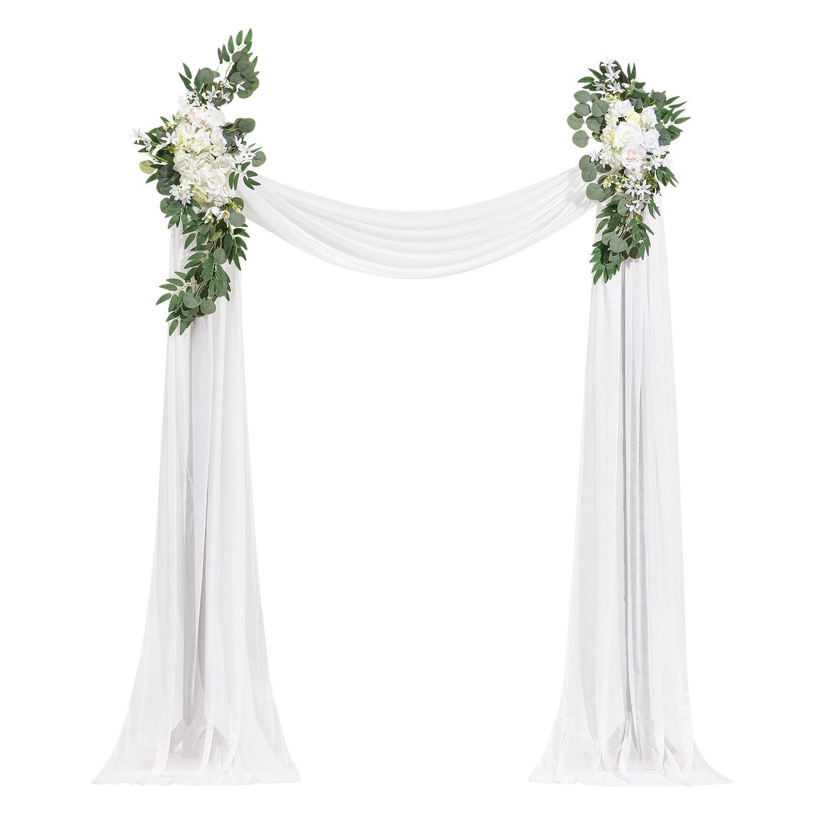 Artificial Wedding Arch Flowers Kit, White Wedding Arch Flowers with Drapes Kit (Pack of 3) - 2 Pcs Floral Arrangement, 1 Pcs Sheer Drapes, for Ceremony Bouquets Reception Backdrop Decoration