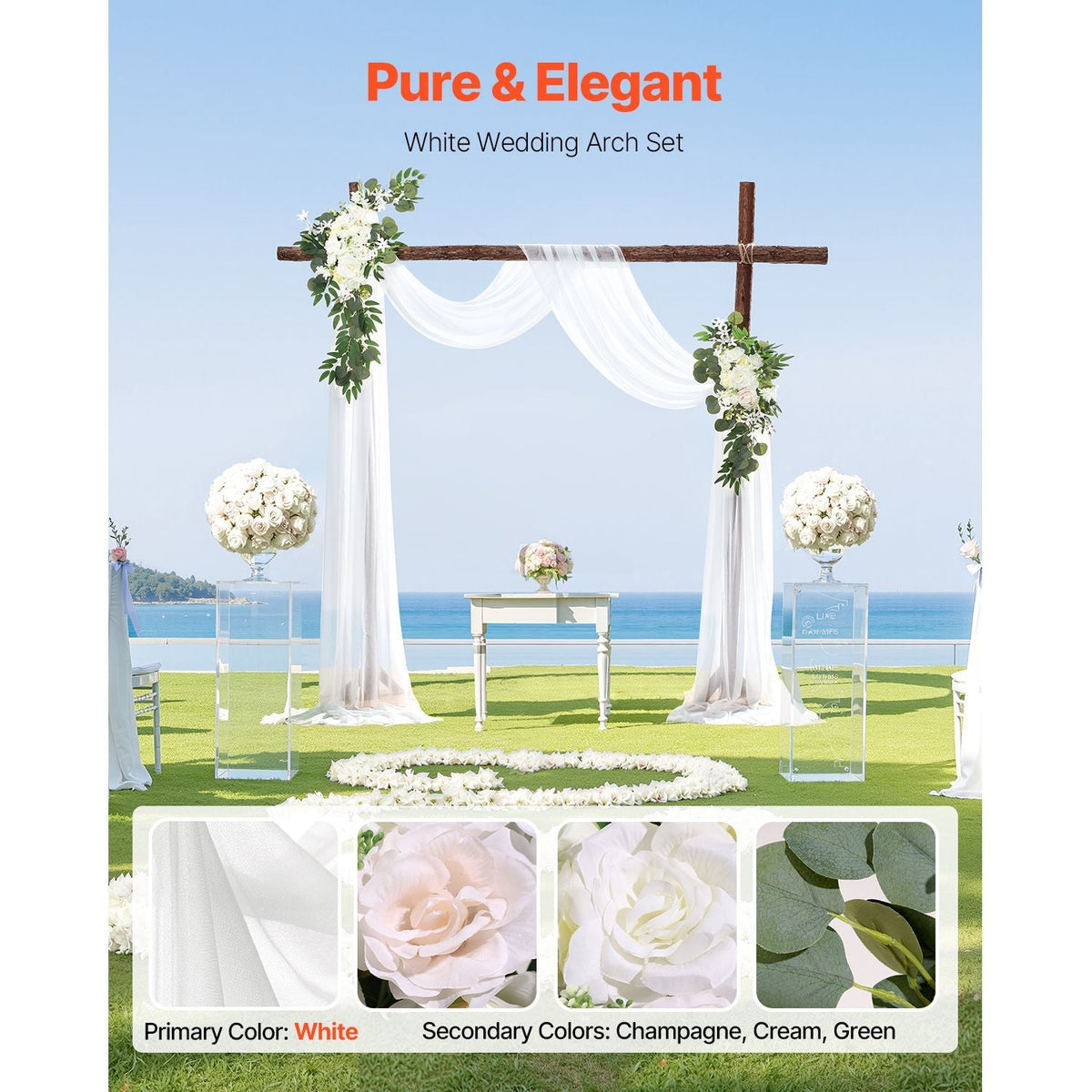 Artificial Wedding Arch Flowers Kit, White Wedding Arch Flowers with Drapes Kit (Pack of 3) - 2 Pcs Floral Arrangement, 1 Pcs Sheer Drapes, for Ceremony Bouquets Reception Backdrop Decoration