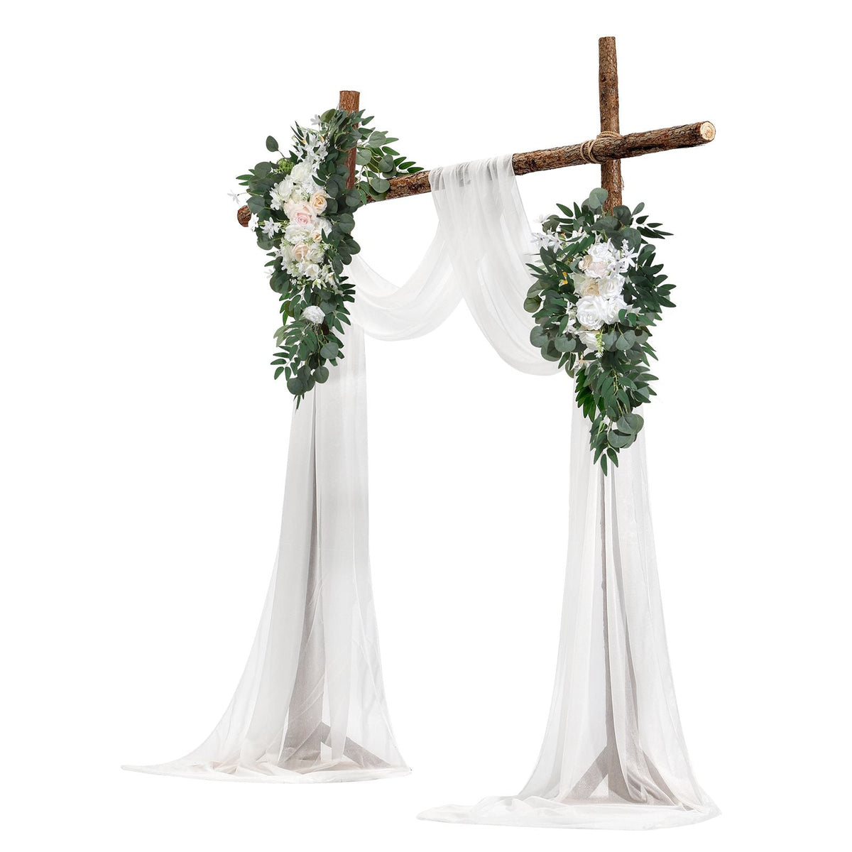 Artificial Wedding Arch Flowers Kit, White Wedding Arch Flowers with Drapes Kit (Pack of 4) - 2 Pcs Floral Arrangement, 2 Pcs Sheer Drapes, for Ceremony Bouquets Reception Backdrop Decoration