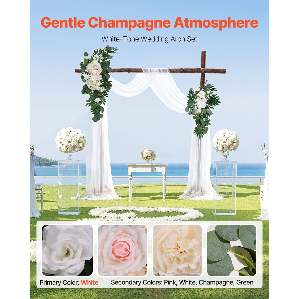 Artificial Wedding Arch Flowers Kit, White Wedding Arch Flowers with Drapes Kit (Pack of 4) - 2 Pcs Floral Arrangement, 2 Pcs Sheer Drapes, for Ceremony Bouquets Reception Backdrop Decoration