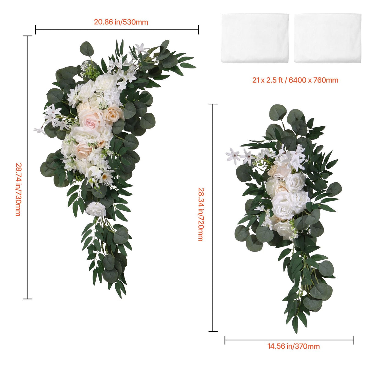 Artificial Wedding Arch Flowers Kit, White Wedding Arch Flowers with Drapes Kit (Pack of 4) - 2 Pcs Floral Arrangement, 2 Pcs Sheer Drapes, for Ceremony Bouquets Reception Backdrop Decoration