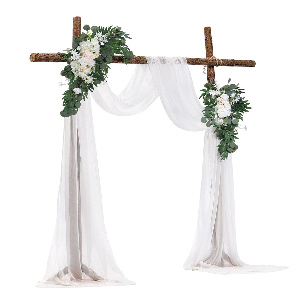 Artificial Wedding Arch Flowers Kit, White Wedding Arch Flowers with Drapes Kit (Pack of 4) - 2 Pcs Floral Arrangement, 2 Pcs Sheer Drapes, for Ceremony Bouquets Reception Backdrop Decoration