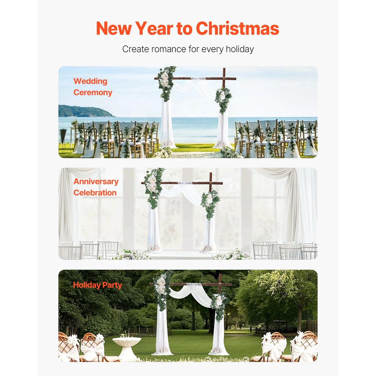 Artificial Wedding Arch Flowers Kit, White Wedding Arch Flowers with Drapes Kit (Pack of 4) - 2 Pcs Floral Arrangement, 2 Pcs Sheer Drapes, for Ceremony Bouquets Reception Backdrop Decoration