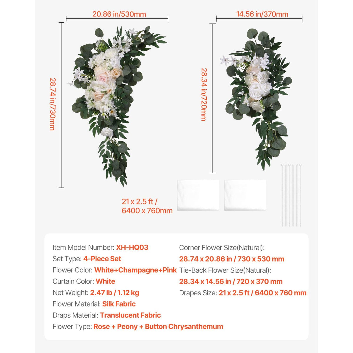Artificial Wedding Arch Flowers Kit, White Wedding Arch Flowers with Drapes Kit (Pack of 4) - 2 Pcs Floral Arrangement, 2 Pcs Sheer Drapes, for Ceremony Bouquets Reception Backdrop Decoration