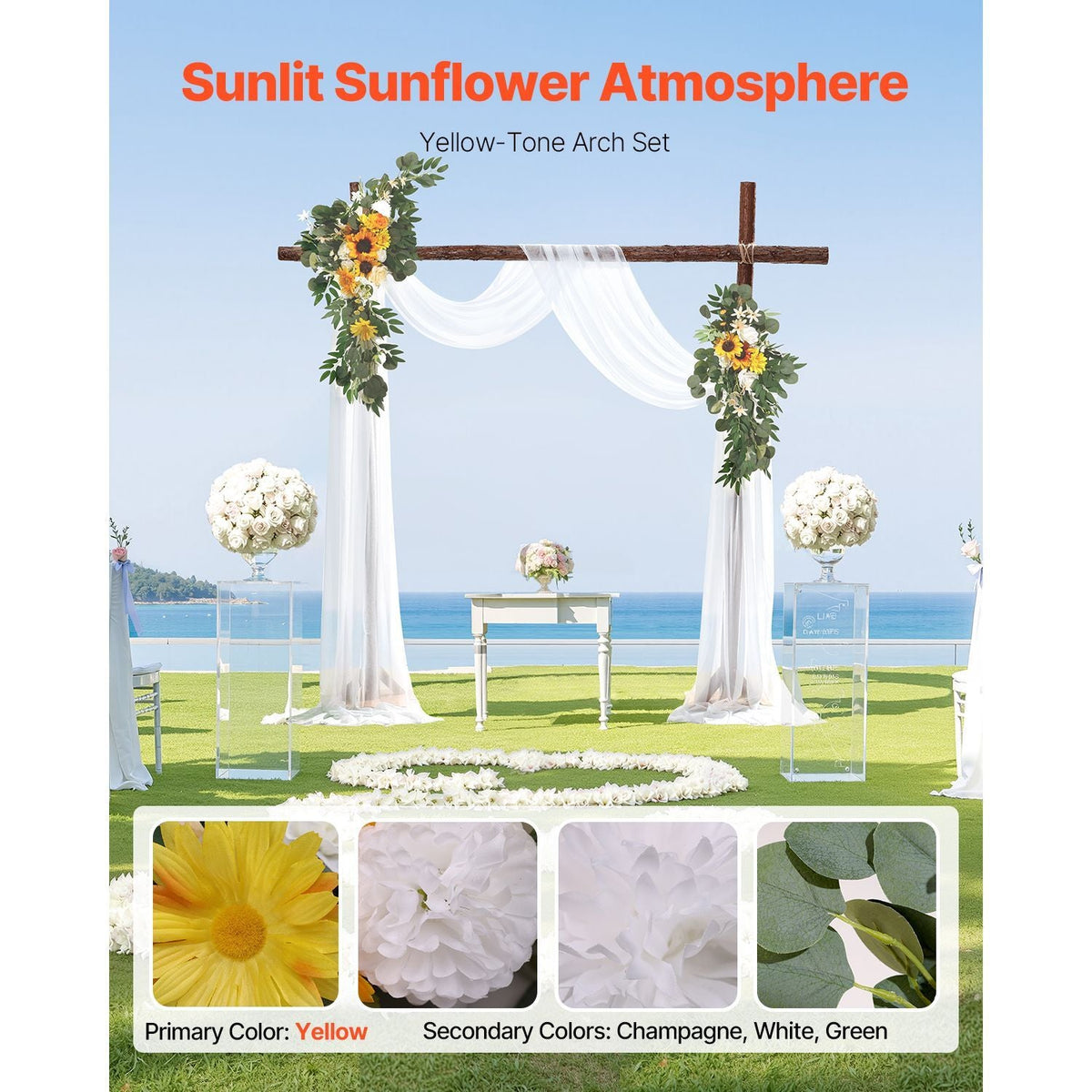 Artificial Wedding Arch Flowers Kit, Yellow Wedding Arch Flowers with Drapes Kit (Pack of 3) - 2 Pcs Floral Arrangement, 1 Pcs Sheer Drapes, for Ceremony Bouquets Reception Backdrop Decoration