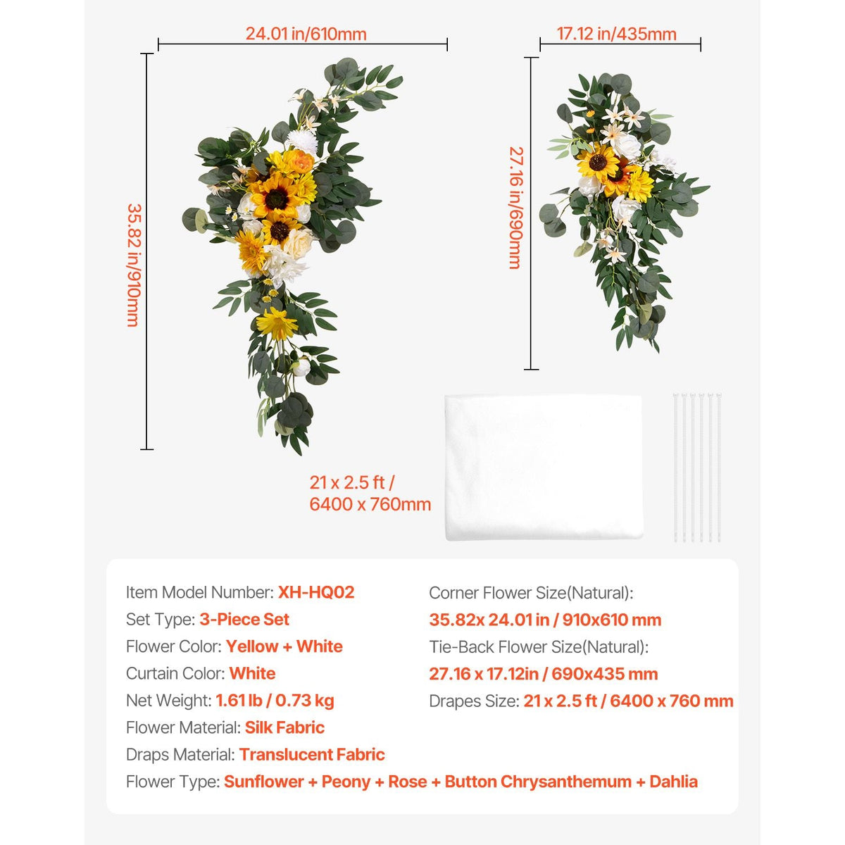Artificial Wedding Arch Flowers Kit, Yellow Wedding Arch Flowers with Drapes Kit (Pack of 3) - 2 Pcs Floral Arrangement, 1 Pcs Sheer Drapes, for Ceremony Bouquets Reception Backdrop Decoration