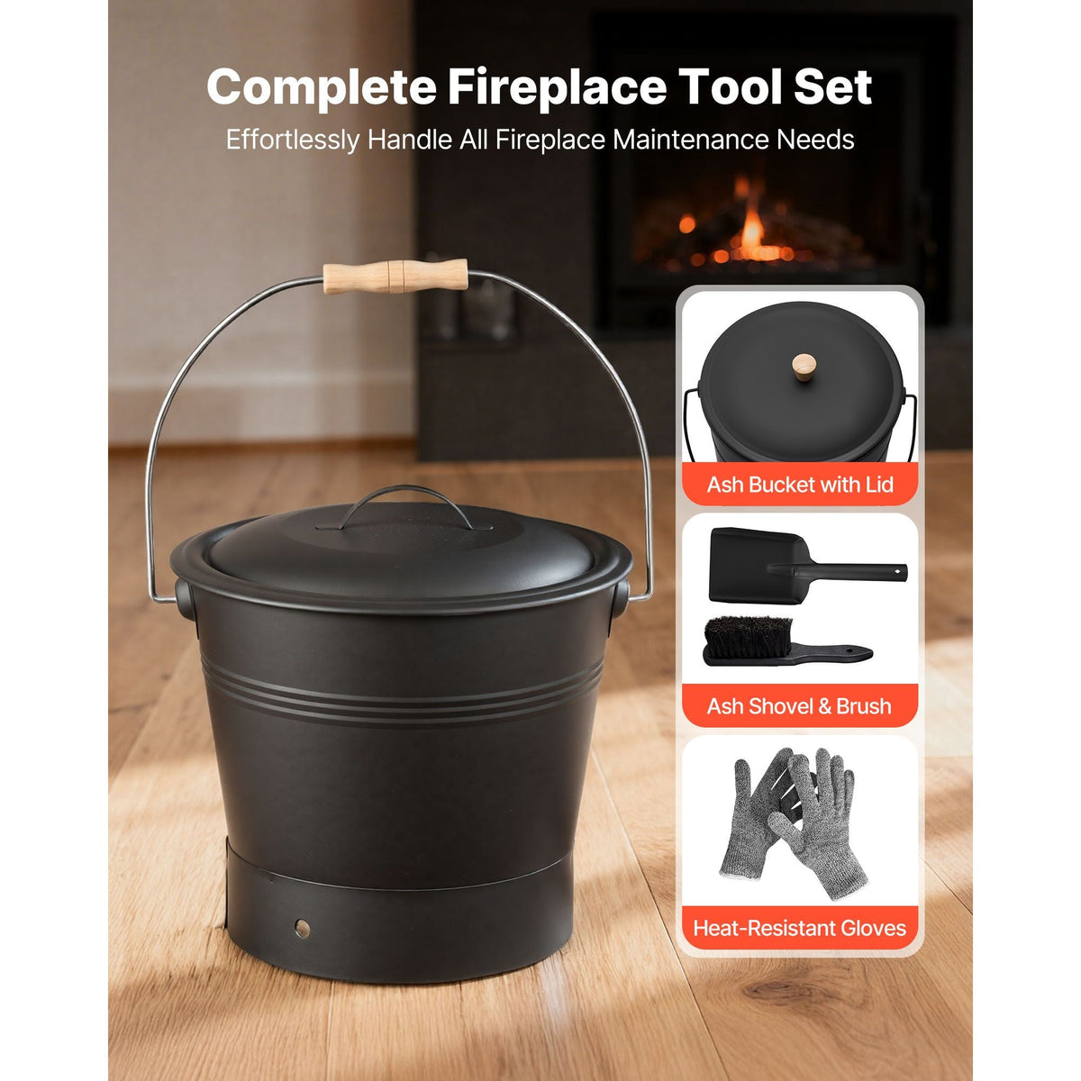 Ash Bucket, 4 PCS with Lid, Shovel, Broom and Gloves, Metal Fireplace Charcoal Bucket and Ash Can, 2.6 GAL Large Capacity for Fireplace, Fire Pits, Wood Burning Stoves, Indoor and Outdoor