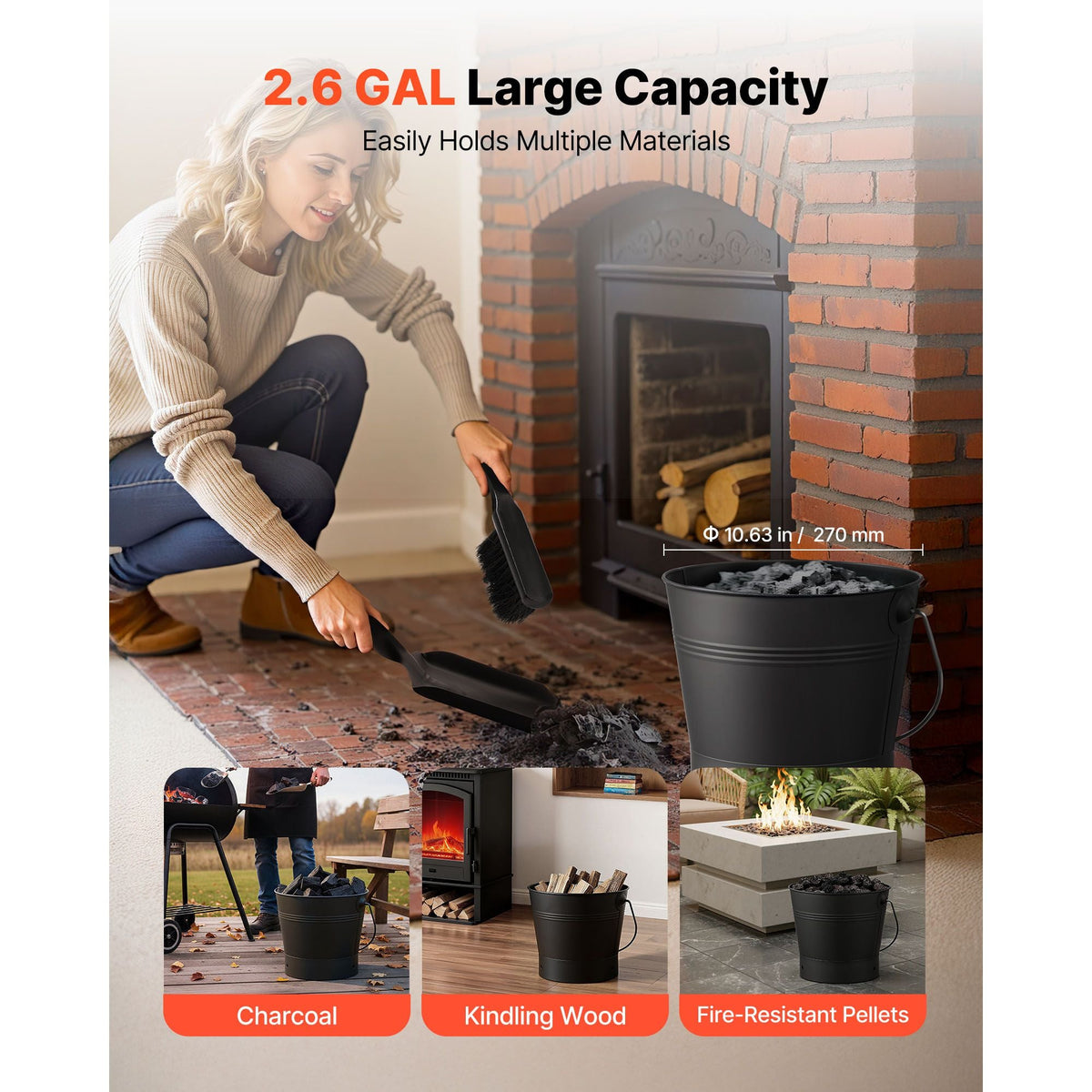 Ash Bucket, 4 PCS with Lid, Shovel, Broom and Gloves, Metal Fireplace Charcoal Bucket and Ash Can, 2.6 GAL Large Capacity for Fireplace, Fire Pits, Wood Burning Stoves, Indoor and Outdoor