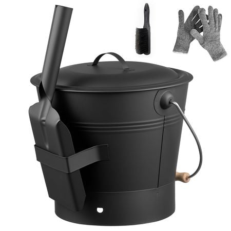 Ash Bucket, 4 PCS with Lid, Shovel, Broom and Gloves, Metal Fireplace Charcoal Bucket and Ash Can, 2.6 GAL Large Capacity for Fireplace, Fire Pits, Wood Burning Stoves, Indoor and Outdoor