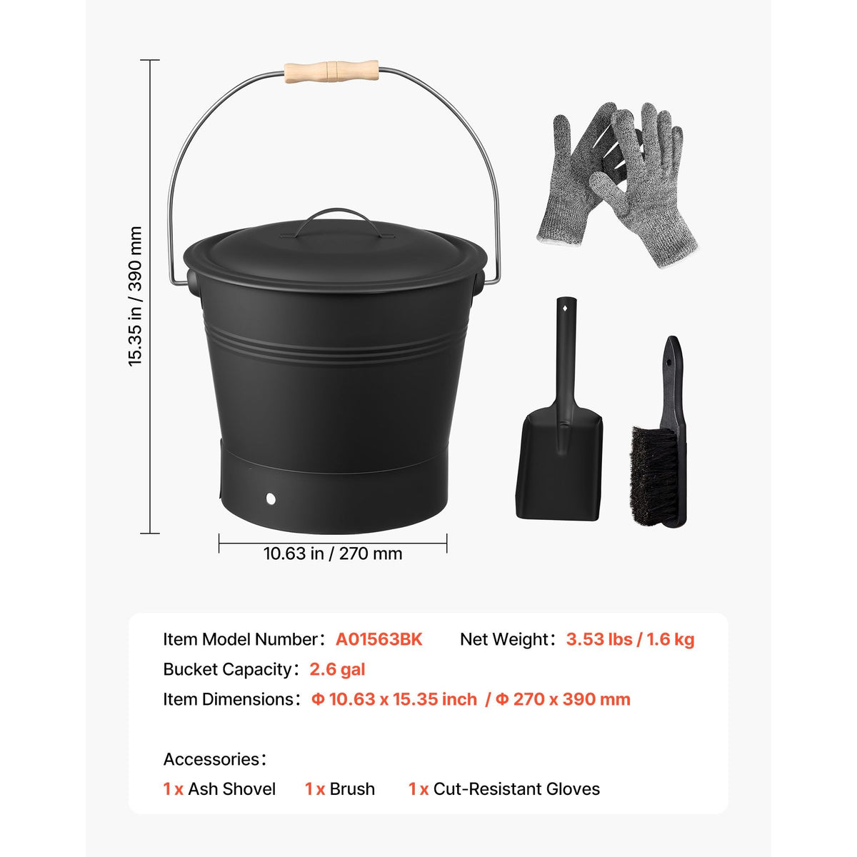 Ash Bucket, 4 PCS with Lid, Shovel, Broom and Gloves, Metal Fireplace Charcoal Bucket and Ash Can, 2.6 GAL Large Capacity for Fireplace, Fire Pits, Wood Burning Stoves, Indoor and Outdoor