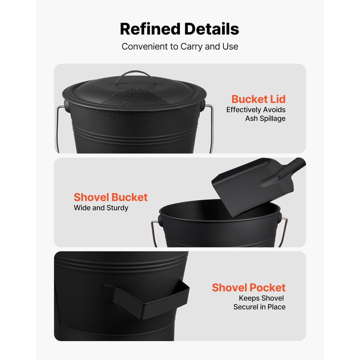 Ash Bucket, 4 PCS with Lid, Shovel, Broom and Gloves, Metal Fireplace Charcoal Bucket and Ash Can, 2.6 GAL Large Capacity for Fireplace, Fire Pits, Wood Burning Stoves, Indoor and Outdoor