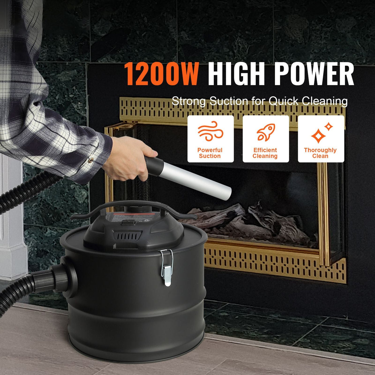 Ash Vacuum Cleaner, 4 Gallon with 1200W Powerful Suction, Ash Vac Collector with 47.2 in Flexible Hose, for Fireplaces, Pellet Stoves, Wood Stove, Log Burner, Grills, Pizza Ovens, Fire Pits