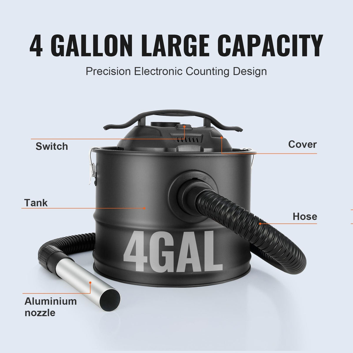 Ash Vacuum Cleaner, 4 Gallon with 1200W Powerful Suction, Ash Vac Collector with 47.2 in Flexible Hose, for Fireplaces, Pellet Stoves, Wood Stove, Log Burner, Grills, Pizza Ovens, Fire Pits