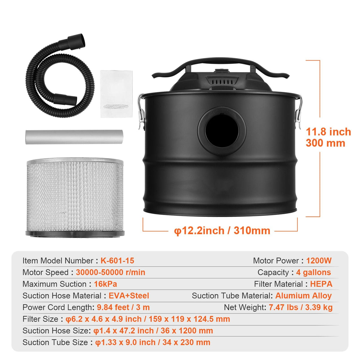 Ash Vacuum Cleaner, 4 Gallon with 1200W Powerful Suction, Ash Vac Collector with 47.2 in Flexible Hose, for Fireplaces, Pellet Stoves, Wood Stove, Log Burner, Grills, Pizza Ovens, Fire Pits
