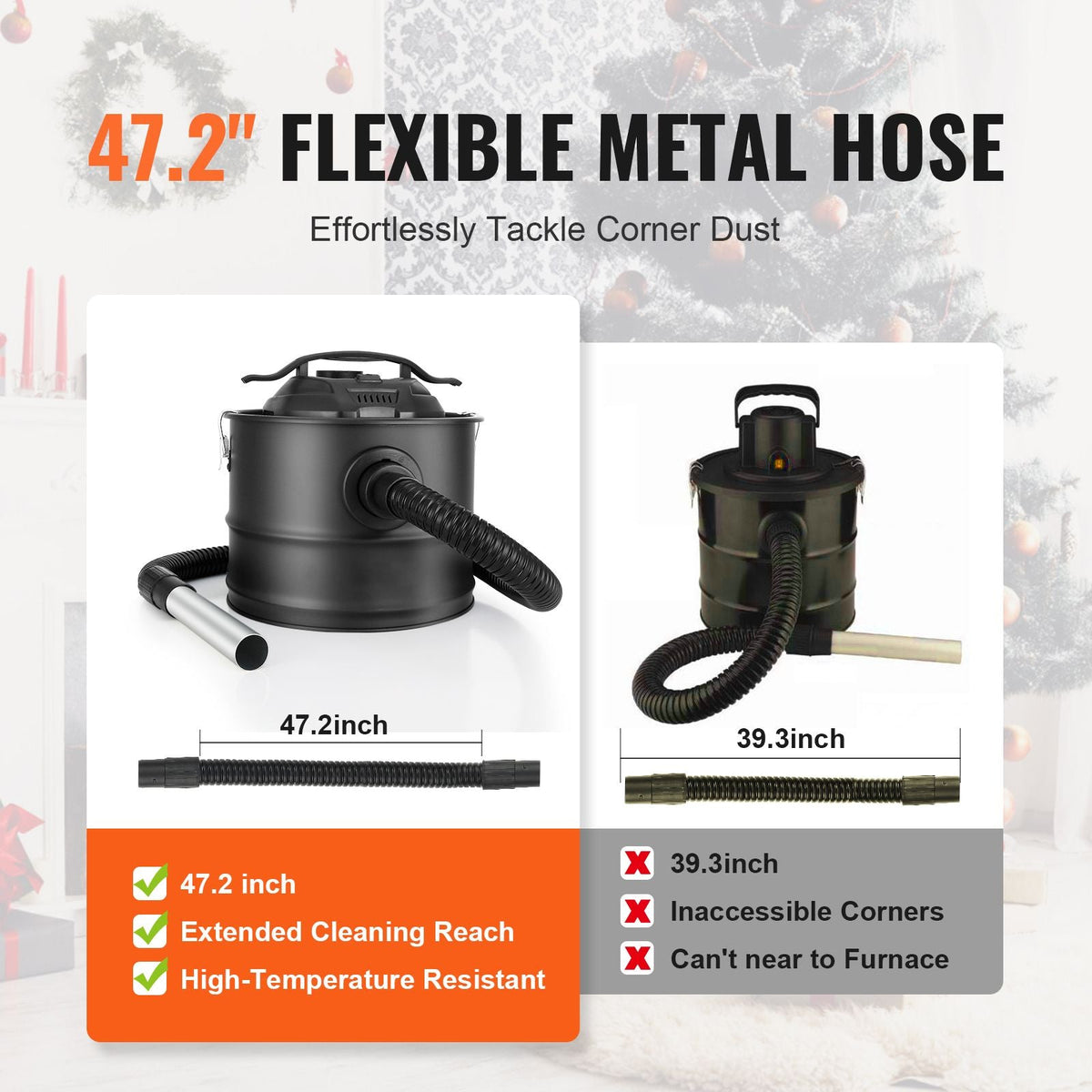 Ash Vacuum Cleaner, 4 Gallon with 1200W Powerful Suction, Ash Vac Collector with 47.2 in Flexible Hose, for Fireplaces, Pellet Stoves, Wood Stove, Log Burner, Grills, Pizza Ovens, Fire Pits