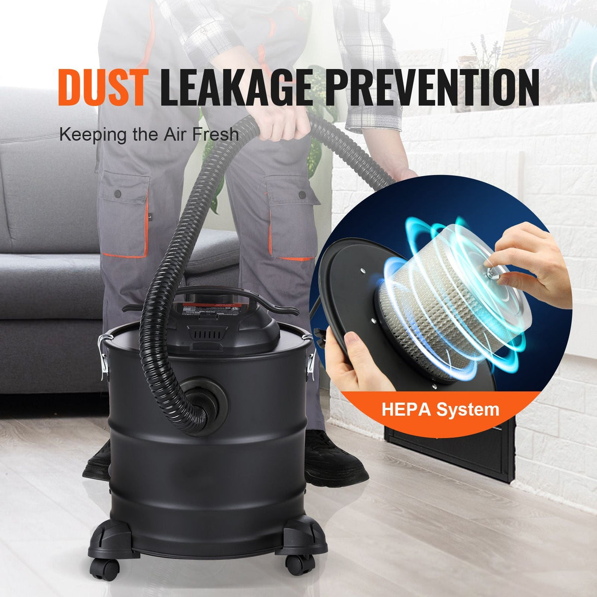 Ash Vacuum Cleaner, 5 Gallon with 1200W Powerful Suction, Fireplace Vacuum with Reverse Suction, 16.4 ft Power Cable, 16 Kpa Max. Vacuum, for Fireplaces, Pellet Stoves, Wood Stove, Log Burner