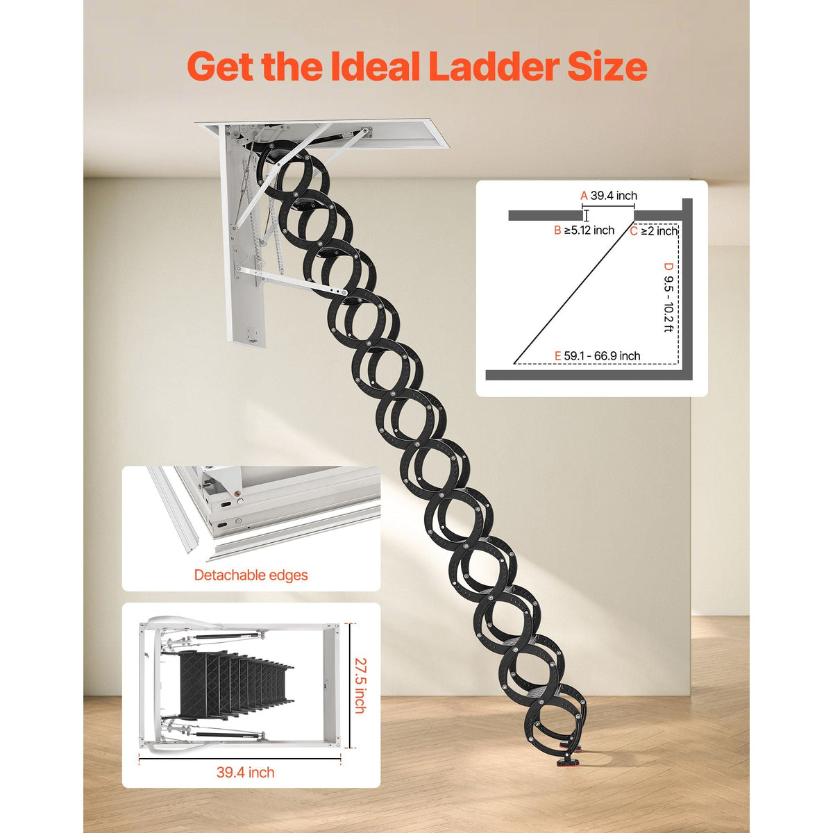 Attic Ladder, 660LBS/299.4KG Capacity, Fits 9.5 to 10.2 ft Ceiling Height and 39.4 x 27.5 inch Opening Size, Alloy Steel Pull-Down Retractable Ceiling Stair with Pulling Rod for Attic Loft Roof