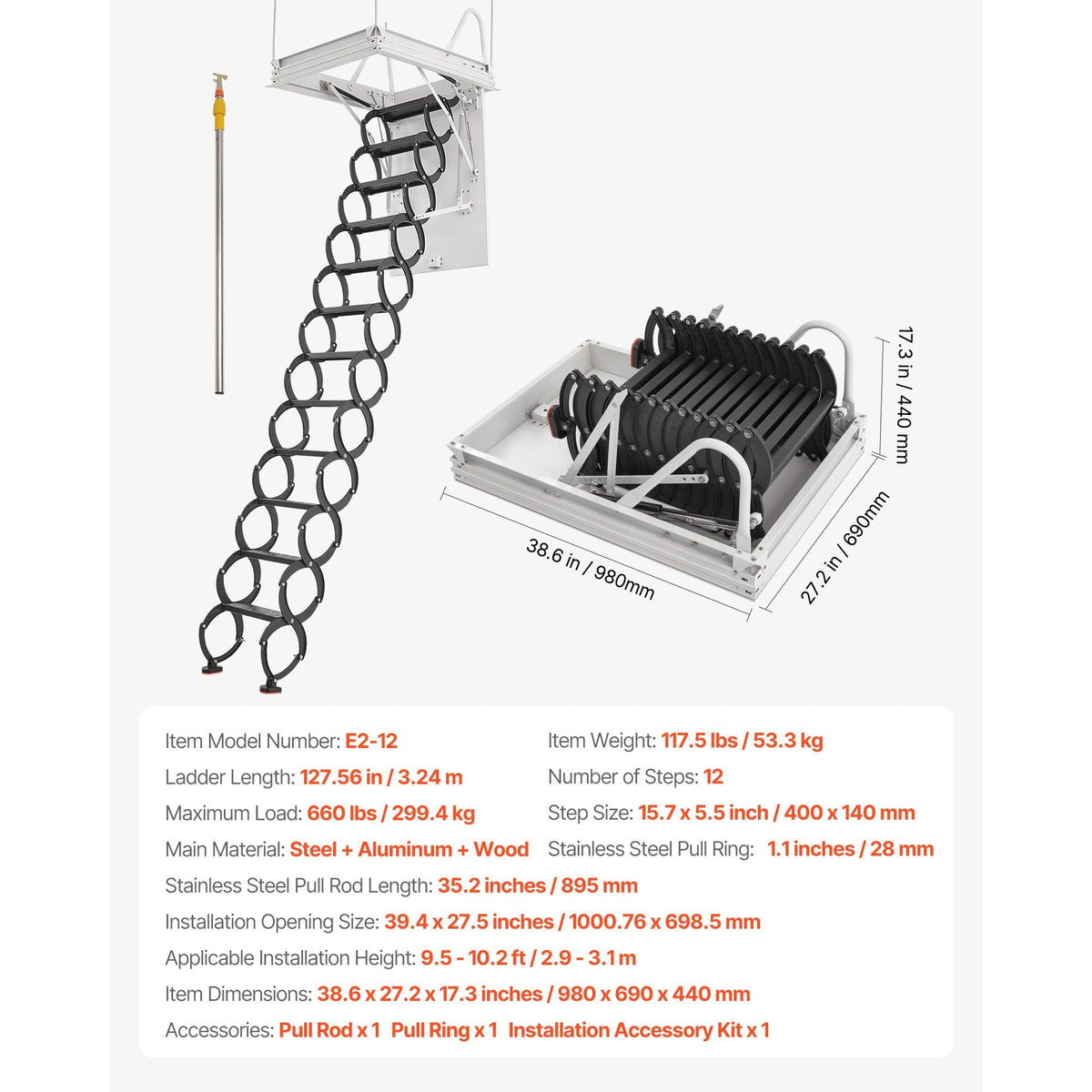 Attic Ladder, 660LBS/299.4KG Capacity, Fits 9.5 to 10.2 ft Ceiling Height and 39.4 x 27.5 inch Opening Size, Alloy Steel Pull-Down Retractable Ceiling Stair with Pulling Rod for Attic Loft Roof