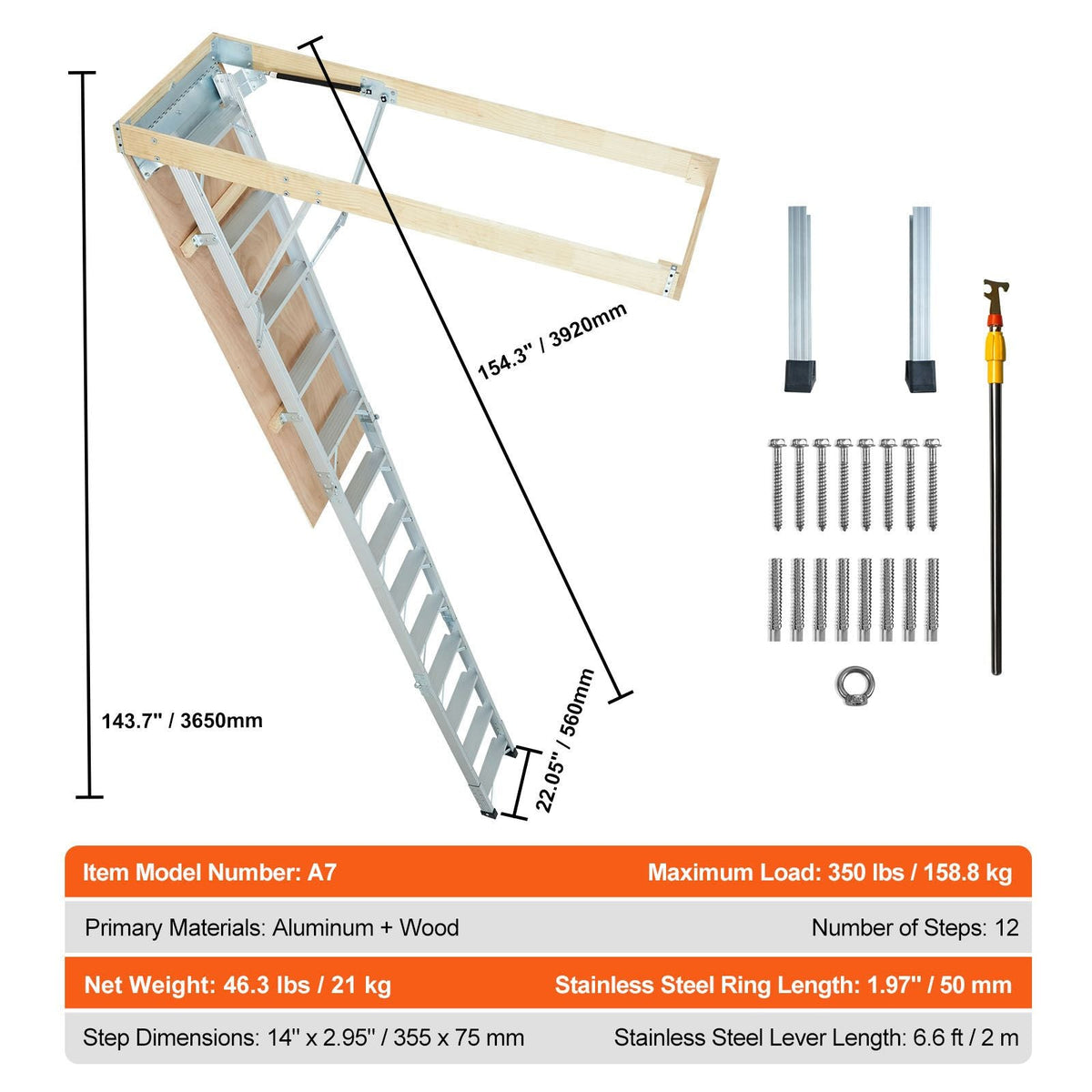 Attic Ladder Foldable, 350-pound Capacity, 22.5" x 63", Multi-Purpose Aluminium Extension, Lightweight and Portable, Fits 9.5'-12' Ceiling Heights, Convenient Access to Your Attic Standard