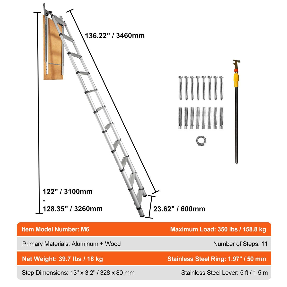 Attic Ladder Telescoping, 350-pound Capacity, 39.37" x 23.6", Multi-Purpose Aluminium Extension, Lightweight and Portable, Fits 9.8'-10.5' Ceiling Heights, Convenient Access to Your Attic Standa