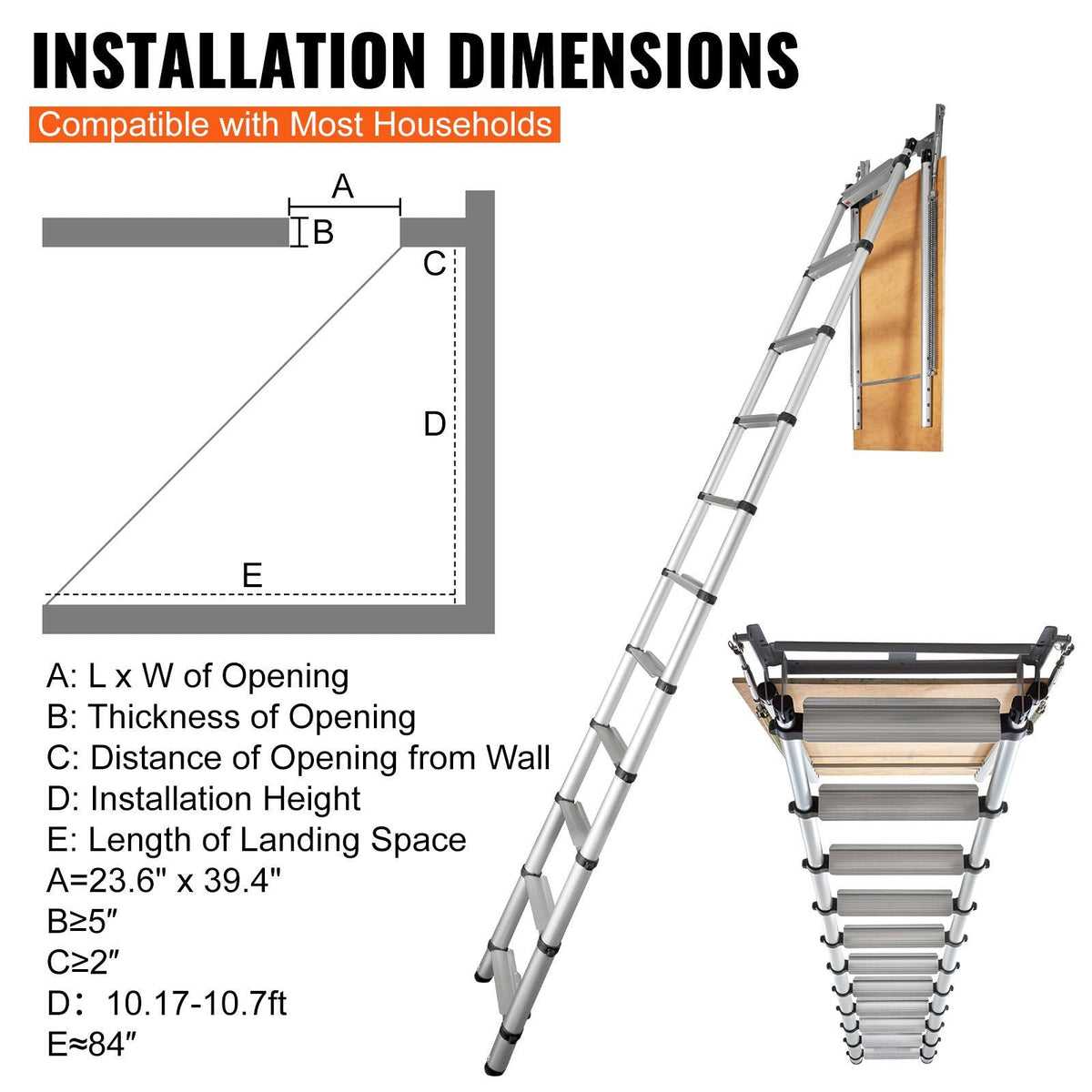 Attic Ladder Telescoping, 350-pound Capacity, 39.37" x 23.6", Multi-Purpose Aluminium Extension, Lightweight and Portable, Fits 9.8'-10.5' Ceiling Heights, Convenient Access to Your Attic Standa