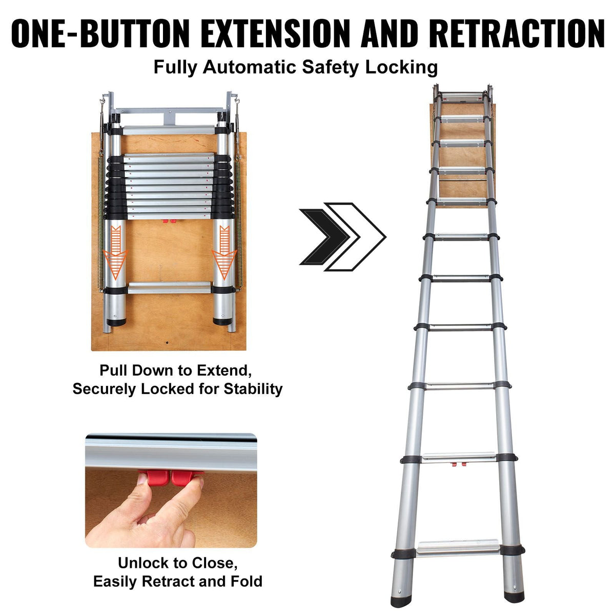 Attic Ladder Telescoping, 350-pound Capacity, 39.37" x 23.6", Multi-Purpose Aluminium Extension, Lightweight and Portable, Fits 9.8'-10.5' Ceiling Heights, Convenient Access to Your Attic Standa