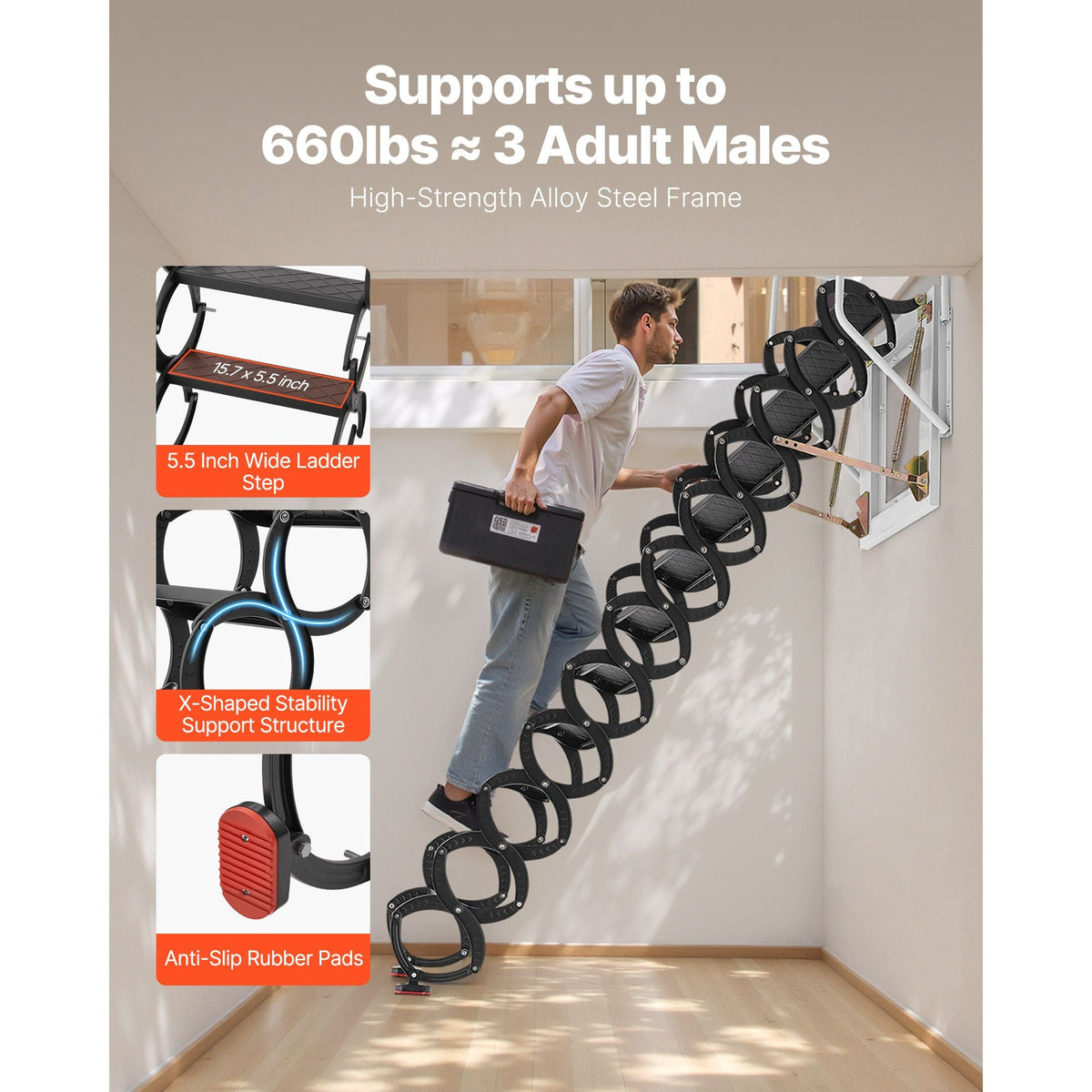 Attic Ladder Wall-Mounted, 660LBS/299.4KG Capacity, Fits 9.5 to 10 ft Ceiling Height, 12-Step Steel Folding Stairs with Handrails, Pull Down Attic Ladders for Attics, Garages, Roofs, Basements