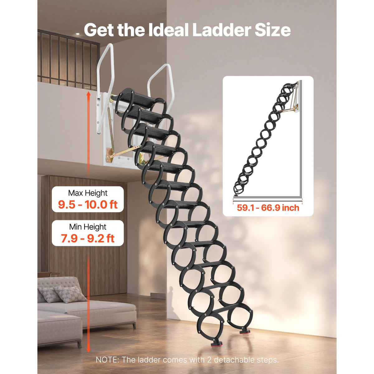 Attic Ladder Wall-Mounted, 660LBS/299.4KG Capacity, Fits 9.5 to 10 ft Ceiling Height, 12-Step Steel Folding Stairs with Handrails, Pull Down Attic Ladders for Attics, Garages, Roofs, Basements