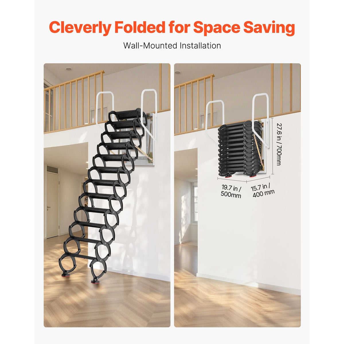 Attic Ladder Wall-Mounted, 660LBS/299.4KG Capacity, Fits 9.5 to 10 ft Ceiling Height, 12-Step Steel Folding Stairs with Handrails, Pull Down Attic Ladders for Attics, Garages, Roofs, Basements