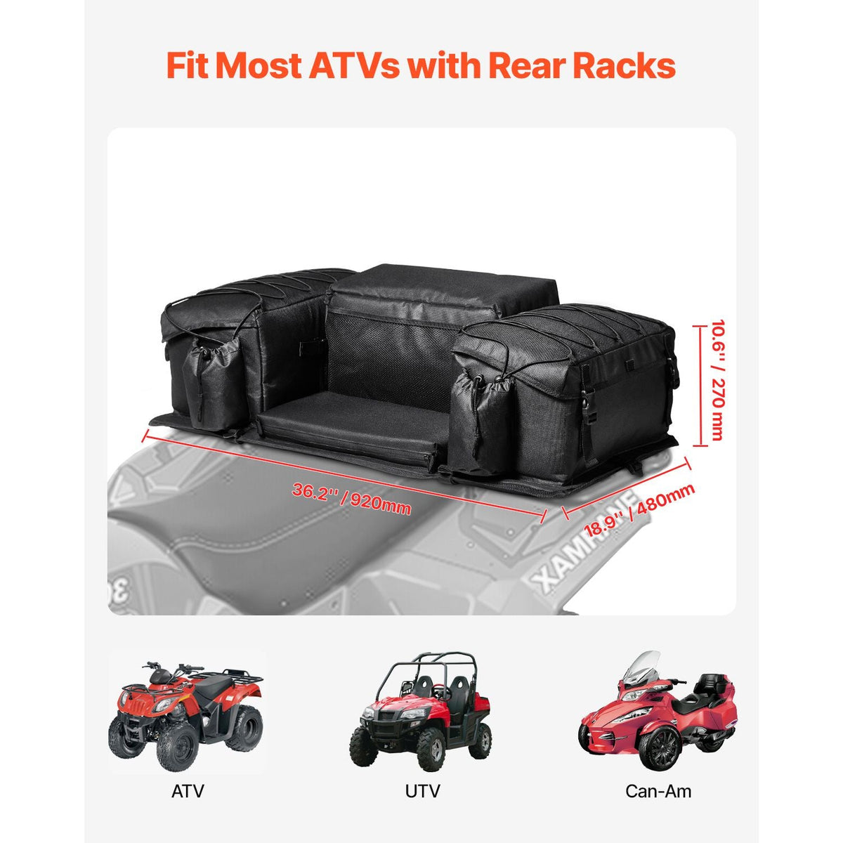 ATV Rear Storage Bag, 50L ATV Rear Cargo Bag with Sponge Seat Cushion & Bottle Holder, 600D Oxford Cloth Rear Seat Gear Bag Fit Most ATVs with Rear Rack, Compatible with ATV, UTV, Can-Am Vehicle
