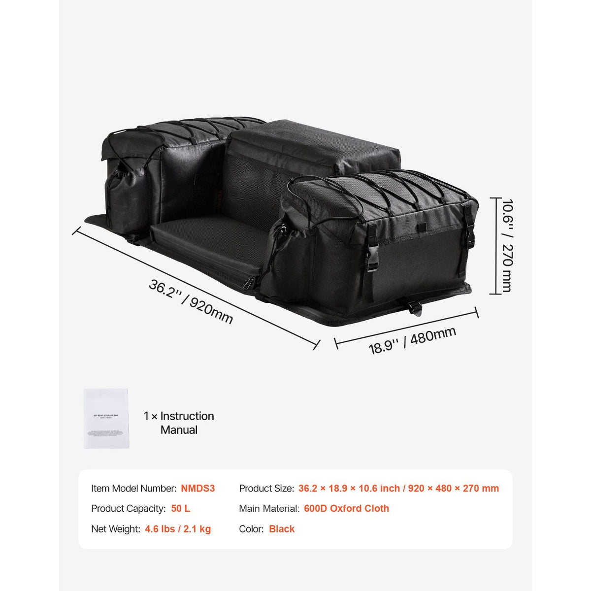 ATV Rear Storage Bag, 50L ATV Rear Cargo Bag with Sponge Seat Cushion & Bottle Holder, 600D Oxford Cloth Rear Seat Gear Bag Fit Most ATVs with Rear Rack, Compatible with ATV, UTV, Can-Am Vehicle