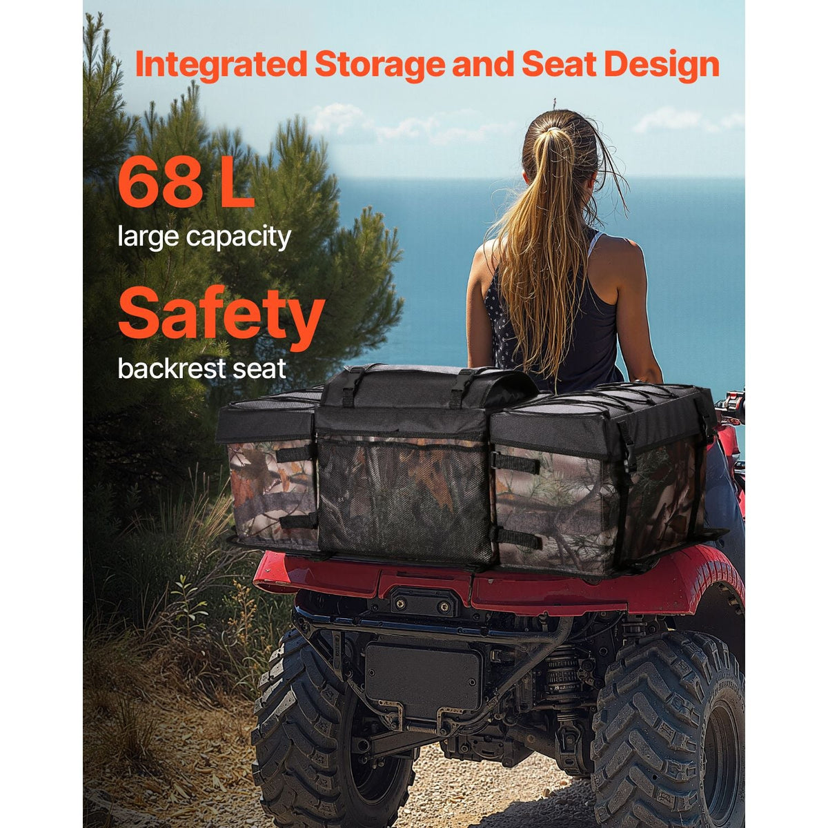 ATV Rear Storage Bag, 68L ATV Rear Cargo Bag with Sponge Seat Cushion & Bottle Holder, 600D Oxford Cloth Storage Rear Rack Seat Bag Fit Most ATVs with Rear Rack, Compatible with ATV, UTV, Can-Am