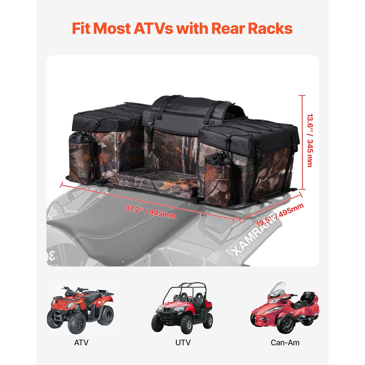 ATV Rear Storage Bag, 68L ATV Rear Cargo Bag with Sponge Seat Cushion & Bottle Holder, 600D Oxford Cloth Storage Rear Rack Seat Bag Fit Most ATVs with Rear Rack, Compatible with ATV, UTV, Can-Am