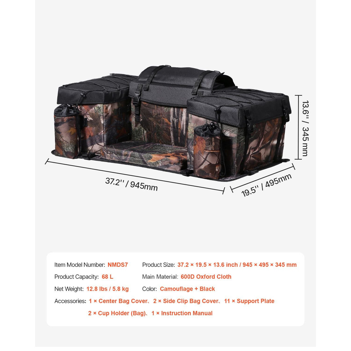 ATV Rear Storage Bag, 68L ATV Rear Cargo Bag with Sponge Seat Cushion & Bottle Holder, 600D Oxford Cloth Storage Rear Rack Seat Bag Fit Most ATVs with Rear Rack, Compatible with ATV, UTV, Can-Am