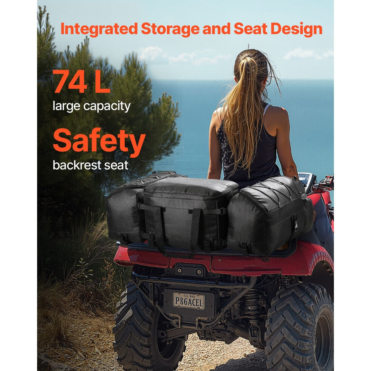 ATV Rear Storage Bag, 74L ATV Rear Cargo Bag with Cooler Insulated Bag, 600D Oxford Cloth Storage Rear Rack Seat Bag Fit Most ATVs with Rear Rack, Compatible with ATV, UTV, Can-Am Vehicles