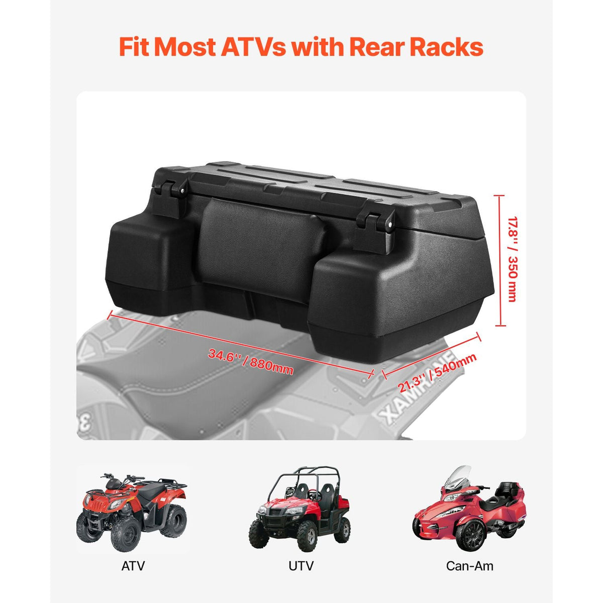 ATV Rear Storage Box, 95L ATV Rear Cargo Box with Padded Backrest, Waterproof LLDPE and Lockable Gear Storage Box Fit Most ATVs with Rear Rack, Compatible with ATV, UTV, Can-Am Vehicles