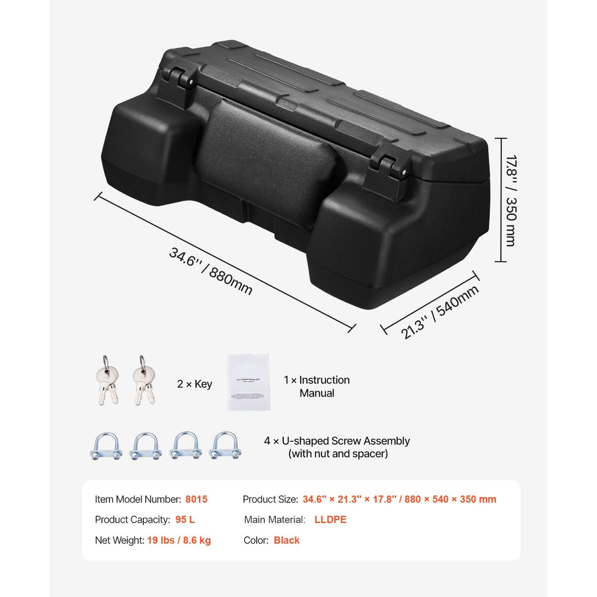 ATV Rear Storage Box, 95L ATV Rear Cargo Box with Padded Backrest, Waterproof LLDPE and Lockable Gear Storage Box Fit Most ATVs with Rear Rack, Compatible with ATV, UTV, Can-Am Vehicles